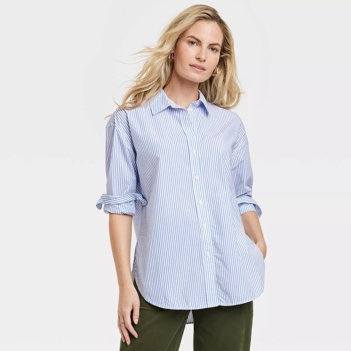 Women's Oversized Long Sleeve Collared Button-Down Shirt - Universal Thread™ Blue Striped XS | Target