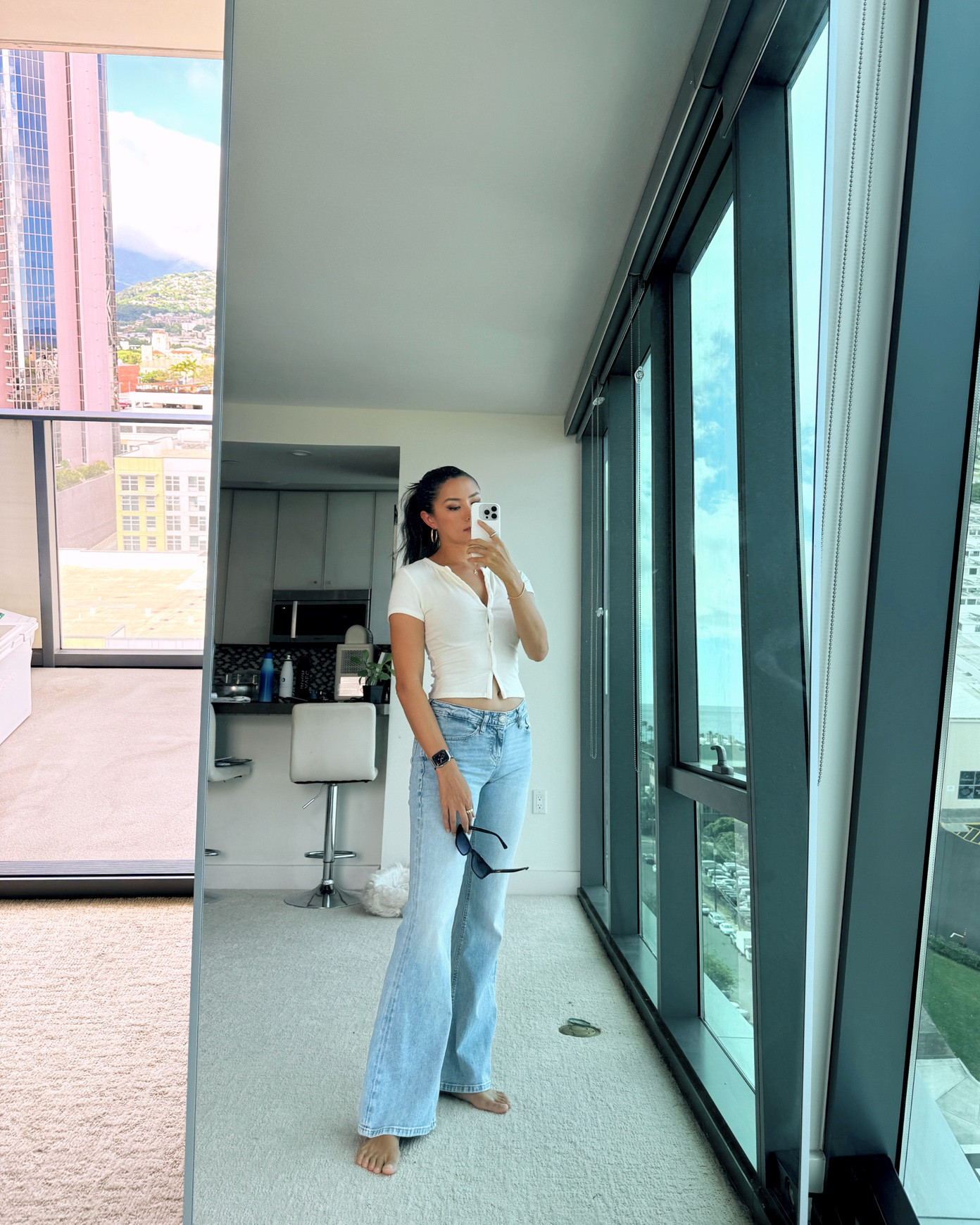 My look yesterday! Truthfully I wore this outfit to the mall, to dinner, on a boat… multiple days in the last week 😂 it’s just so comfy, these jeans feel like sweatpants! (Size 25) and I love this little sweater too (size XS and under $25!)