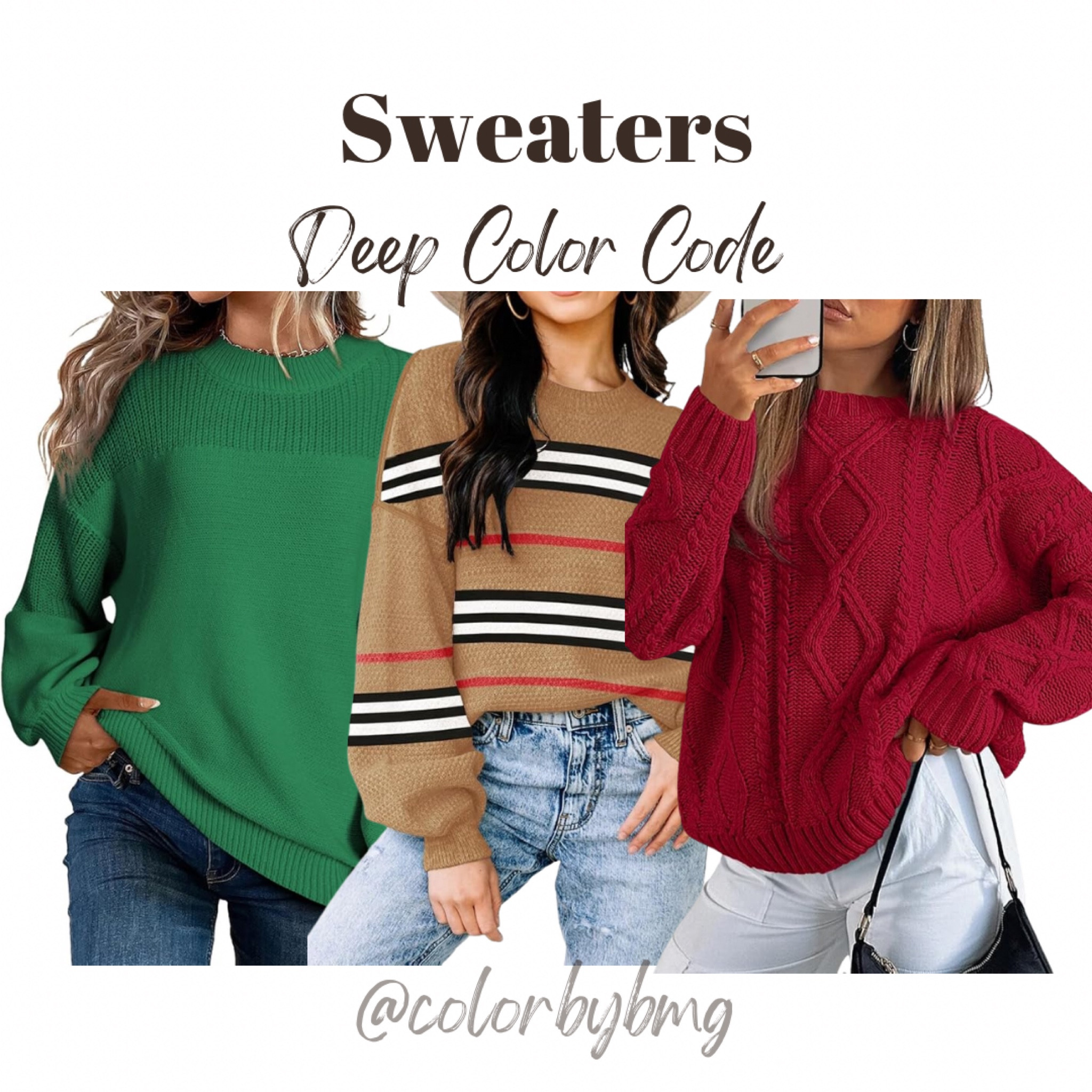 Deep Color Code Sweaters

Colors:
Dark Green
Stripe Brown
Red

Deep Winter
Deep Autumn 


#LTKSeasonal