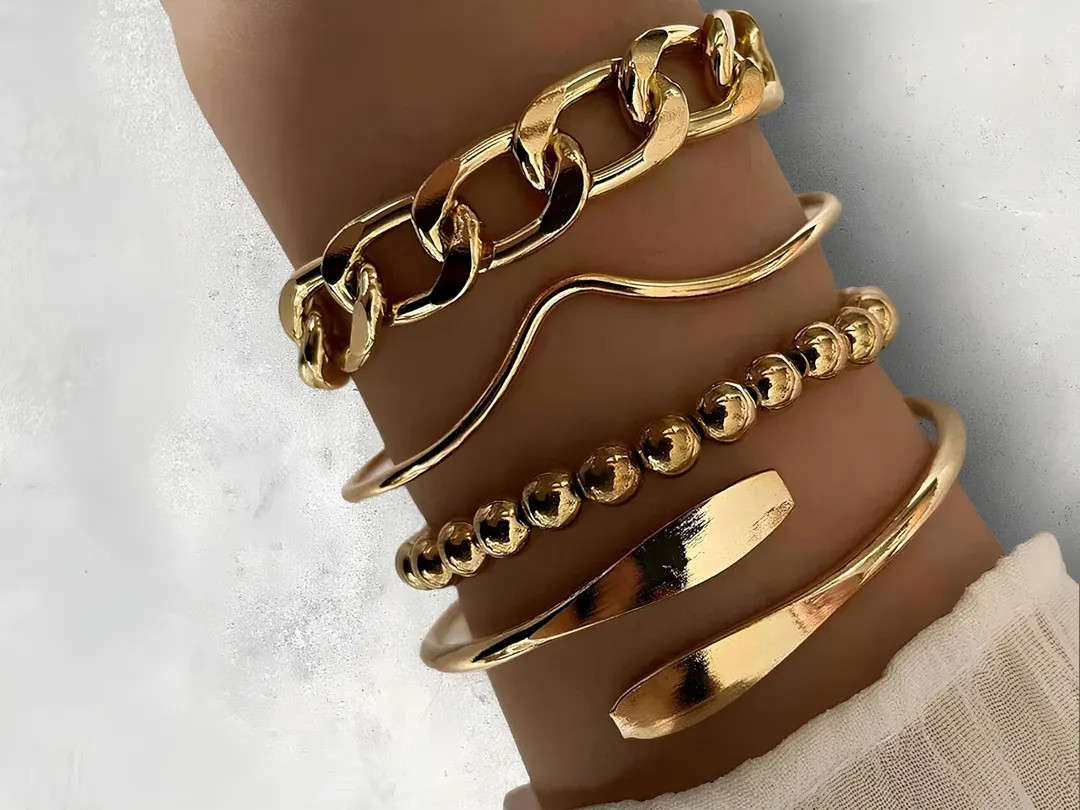 4pcs Punk Curb Cuban Chain Bracelets Set for Women - Simple Thick Gold Charm Fashion Jewelry | Etsy (US)