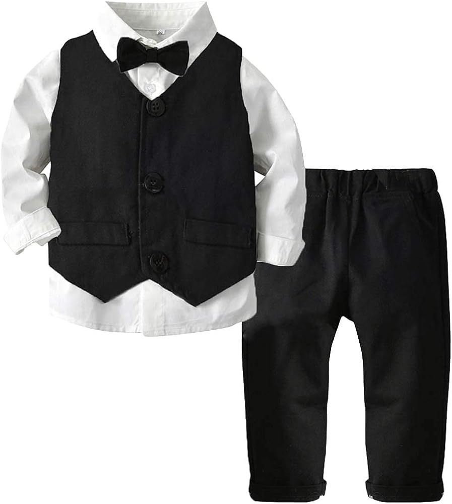 ARTMINE Boys 3-Piece Vest Suits Set Long Sleeve Shirts and Pants Outfits Set with Tie | Amazon (US)