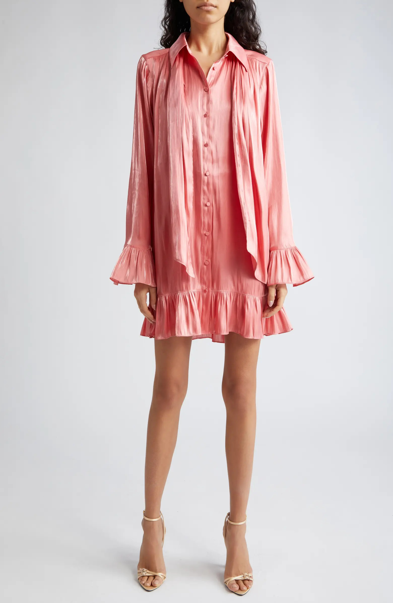 Iva Metallic Tie Neck Long Sleeve Shirtdress | Nordstrom