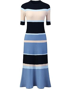 Women's Knit Striped Dresses Short Sleeve Midi Ribbed Sweater Dress | Amazon (US)
