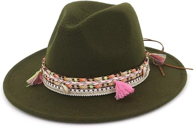 Gossifan Women's Felt Fedora Hat Wide Brim Panama Hats with Tassel | Amazon (US)