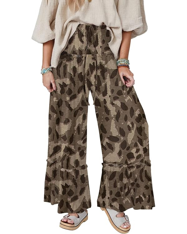 Womens Camo Print Wide Leg Pants Casual Drawstring Loose Trousers with Pockets Summer Beach Vacat... | Amazon (US)