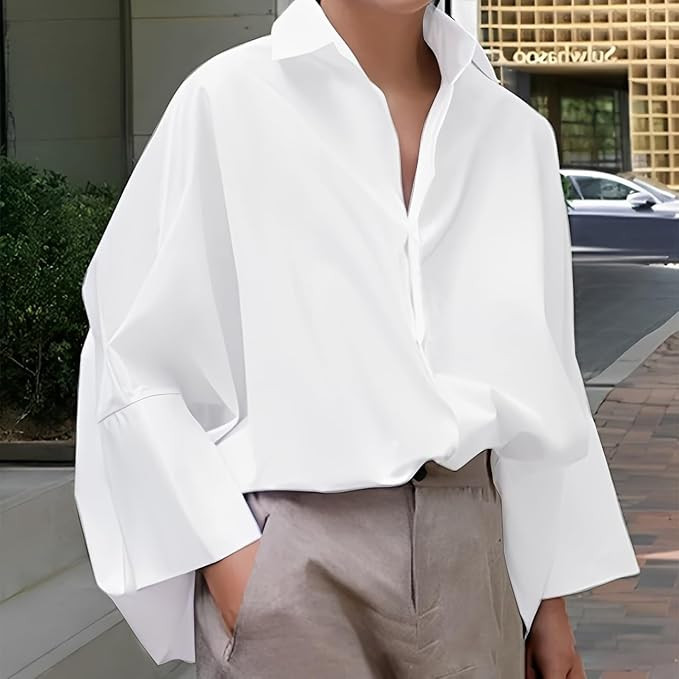 Women's Oversized White Button Down Shirt - Batwing-Sleeve V-Neck Casual Blouse, XL | Amazon (US)