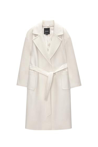 Felt texture coat with belt | PULL and BEAR UK