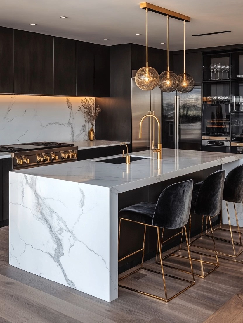 Transform your kitchen island into a glamorous focal point with black velvet bar stools featuring elegant gold legs and brushed gold accents. A simple seating upgrade can completely elevate a modern kitchen without requiring a full renovation. Black velvet counter stools add softness, depth, and quiet luxury, while the gold metal frame introduces warmth and sophistication.

Pair black velvet high chairs with brushed gold kitchen faucets, gold cabinet hardware, and warm brass lighting to create a cohesive, designer-inspired kitchen island look. The combination of black cabinetry, marble waterfall countertops, and gold fixtures creates a modern luxury kitchen aesthetic that feels timeless and bold at the same time.

One of the easiest ways to upgrade a kitchen island is through seating. Swapping basic bar stools for velvet counter height stools instantly changes the atmosphere. Velvet bar chairs work beautifully in modern kitchens, contemporary homes, mid-century inspired spaces, and even industrial loft kitchens. The gold metal base ties in perfectly with brushed brass faucets, pendant lighting, and gold-accented appliances.

Even if you don’t change anything else, simply adding black velvet kitchen island stools and a brushed gold faucet can create a dramatic visual upgrade. The marble countertop, waterfall island design, and warm wood flooring all complement the richness of black velvet and brass finishes.

This is how you create a glamorous kitchen island design — bold textures, metallic accents, and intentional coordination between seating and fixtures. A small detail shift with major impact.

#KitchenIslandDecor
#BlackVelvetBarStools
#GoldKitchenAccents
#ModernLuxuryKitchen 

 #LTKHome