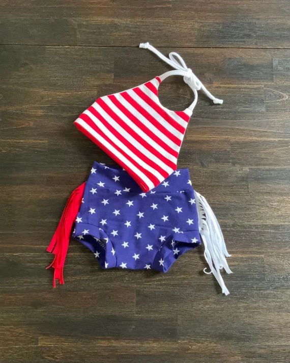 4th of July Cropped Halter Top and Fringe Bummie Set, Baby Bummie Girls Stars and Stripes Clothin... | Etsy (US)