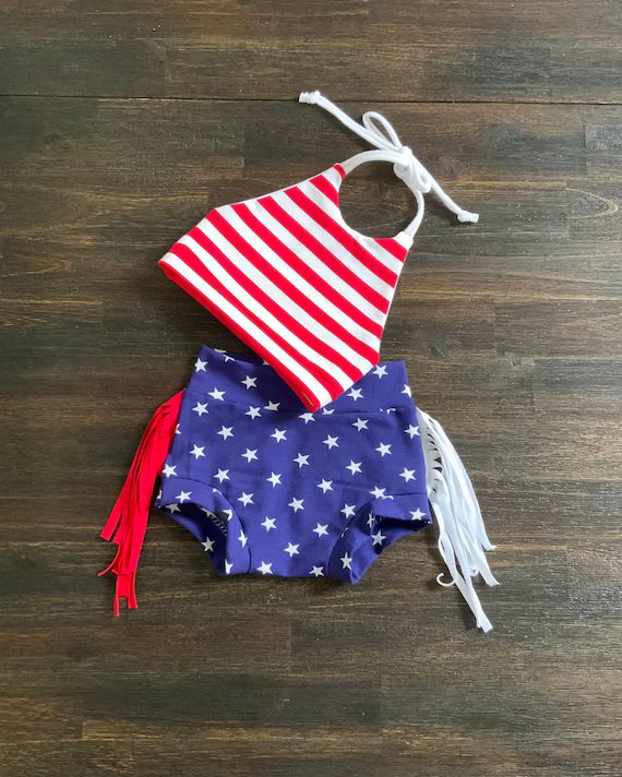 4th of July Cropped Halter Top and Fringe Bummie Set, Baby Bummie Girls Stars and Stripes Clothin... | Etsy (US)