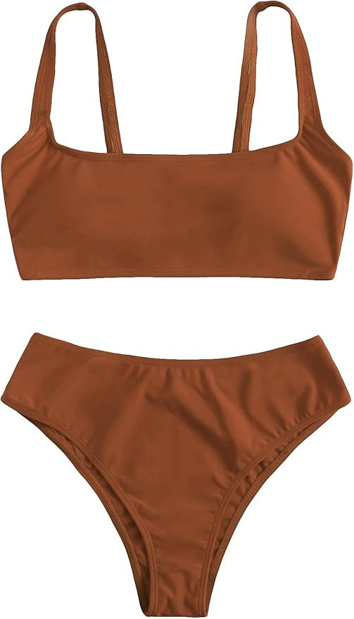 SweatyRocks Women's Swimwear Set Solid Scoop Neck High Waisted Bikini Swimsuits | Amazon (US)