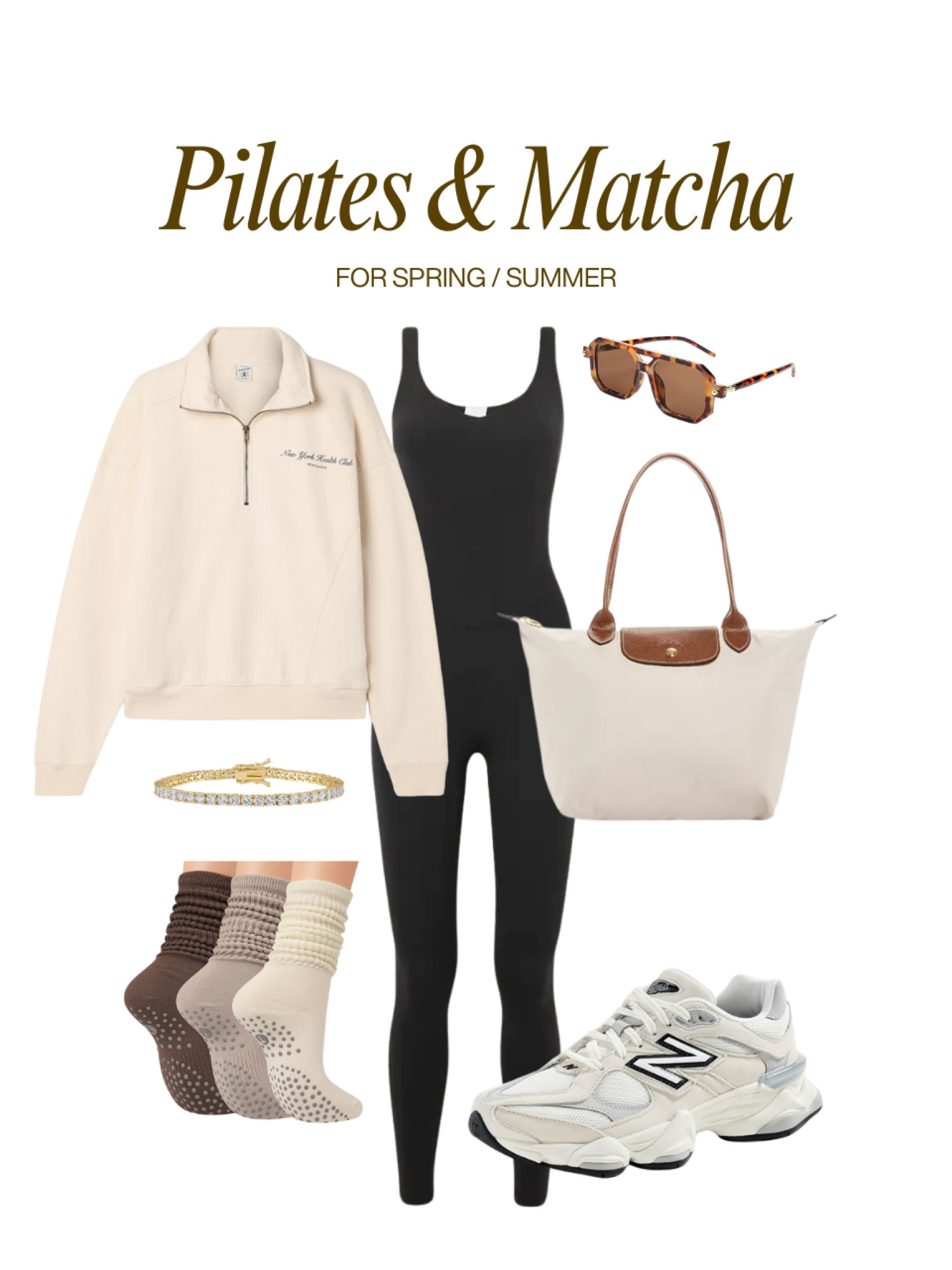 Pilates outfit idea 🤎 morning coffee look, activewear, workout onesie, jumpsuit, quarter zip, new balance sneakers, pilates socks, tote bag, bracelet, oversized sunglasses 

#LTKActive #LTKFindsUnder100 #LTKFindsUnder50