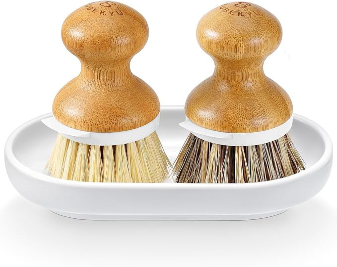SUBEKYU Dish Brush, Bamboo Dish Scrubber Brush Set with Tray, Natural Kitchen Dishwashing Scrub B... | Amazon (US)