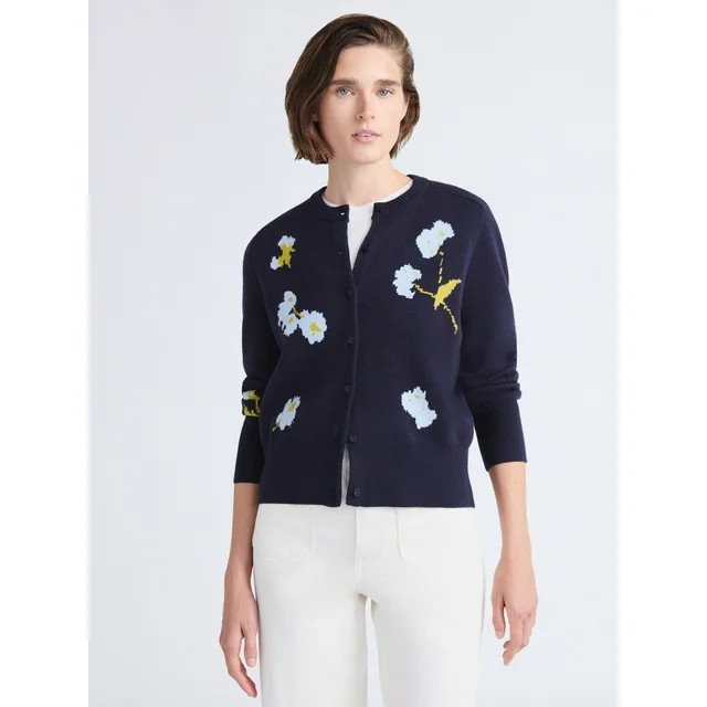 Free Assembly Women's and Women's Plus Floral Jacquard Shrunken Cardigan Sweater, Midweight, Size... | Walmart (US)