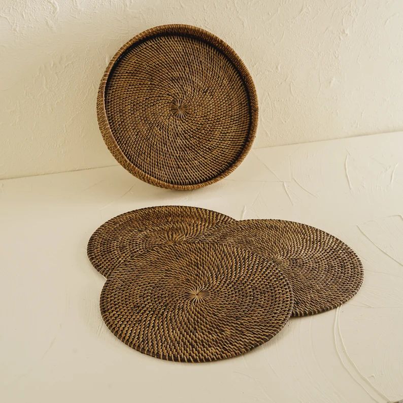 Round Placemats With Holder Dark Brown Rattan / Wicker - Etsy Canada | Etsy (CAD)