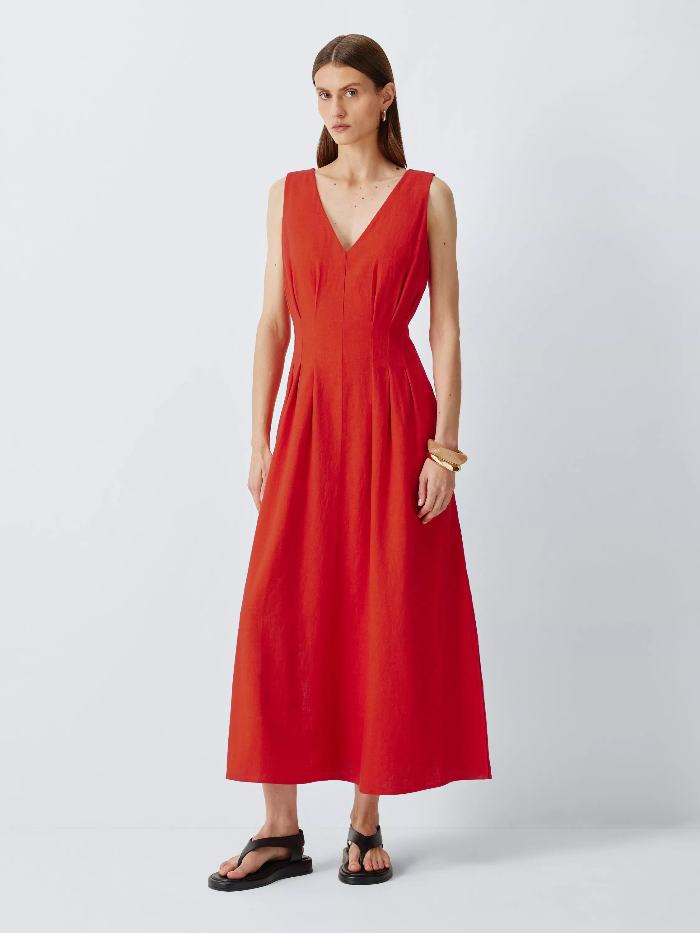 Linen Blend V-Neck Pleated Midi Dress, Red Clay | John Lewis (UK)