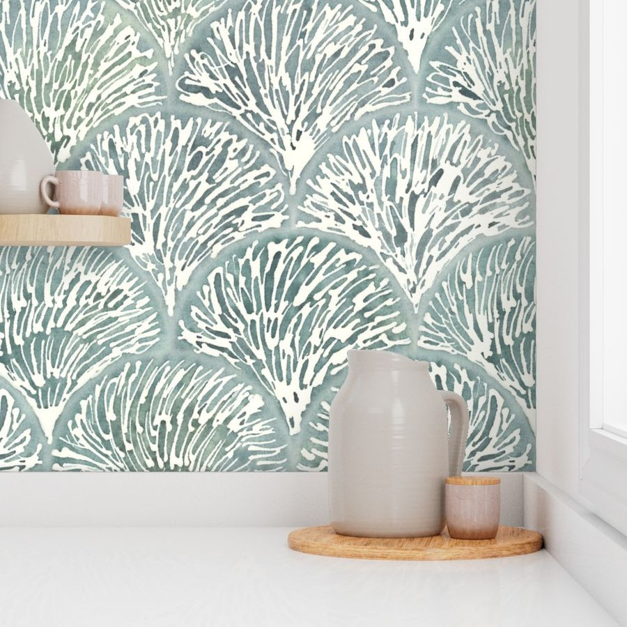 Coastal Chic Abstract Sea Inspired Fan Pattern - Large Scale - Scallop Pattern Watercolor Wallpap... | Spoonflower