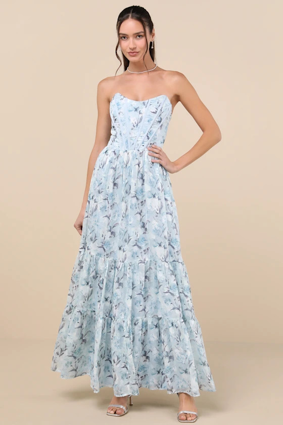 Special Moment Light Blue Floral Strapless Bustier Maxi Dress | Lulus