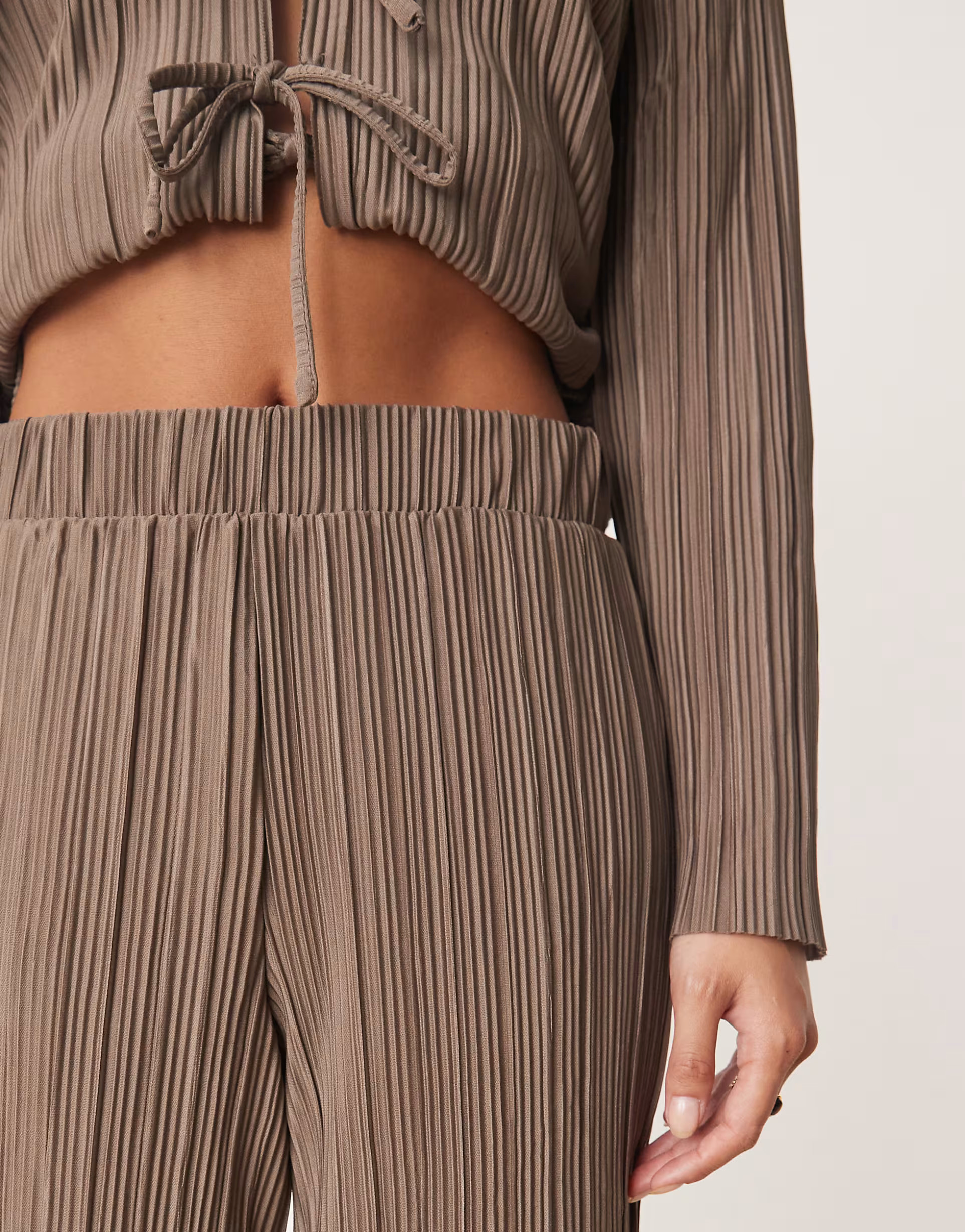 JDY Petite wide leg plisse trousers co-ord in brown | ASOS (Global)
