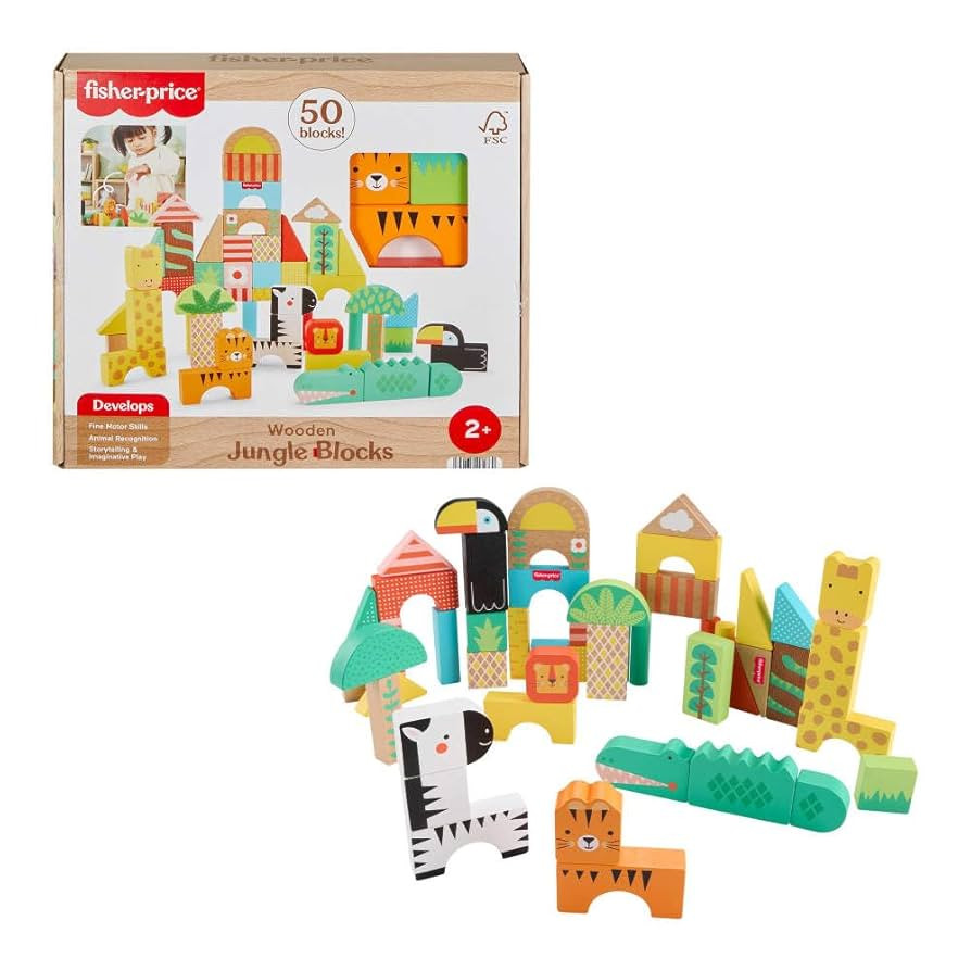 Fisher-Price Wood Toddler Toy Jungle Blocks, 50-Piece Wooden Animal Building Set for Preschool Pr... | Amazon (US)