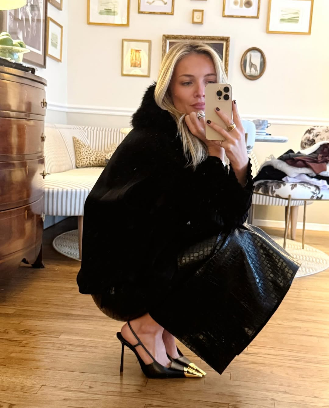 NYFW but make it understated 🖤 All black everything with a little faux fur, croc-texture midi, and slingbacks with a gold moment. 

 #LTKNYFW #LTKgrwm #LTKootd