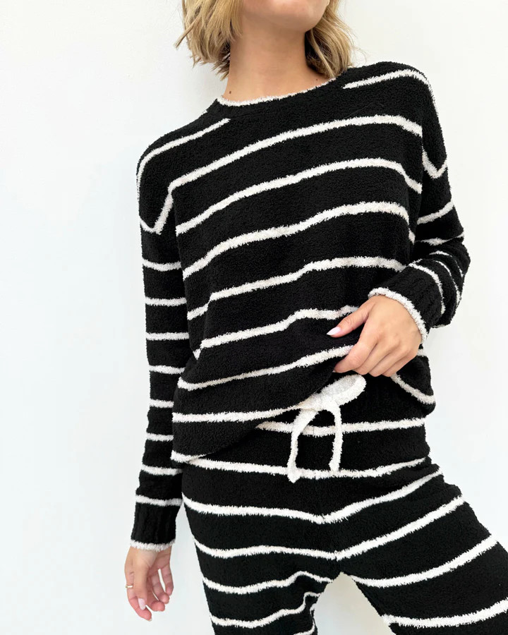 Black and Oat Stripe Fuzzy Sweater PJ Set | Splendid