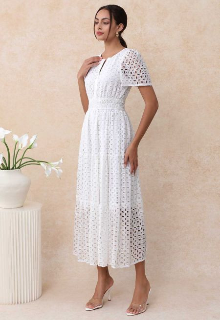V-Neck Embroidered Eyelet Puff Sleeve Maxi Dress | Chicwish