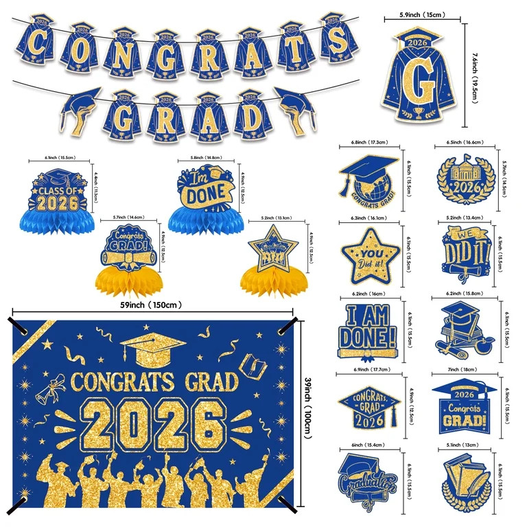 Graduation Decorations Class of 2026, Blue and Gold Grad Decorations Set, include Congrats Grad 2... | Walmart (US)