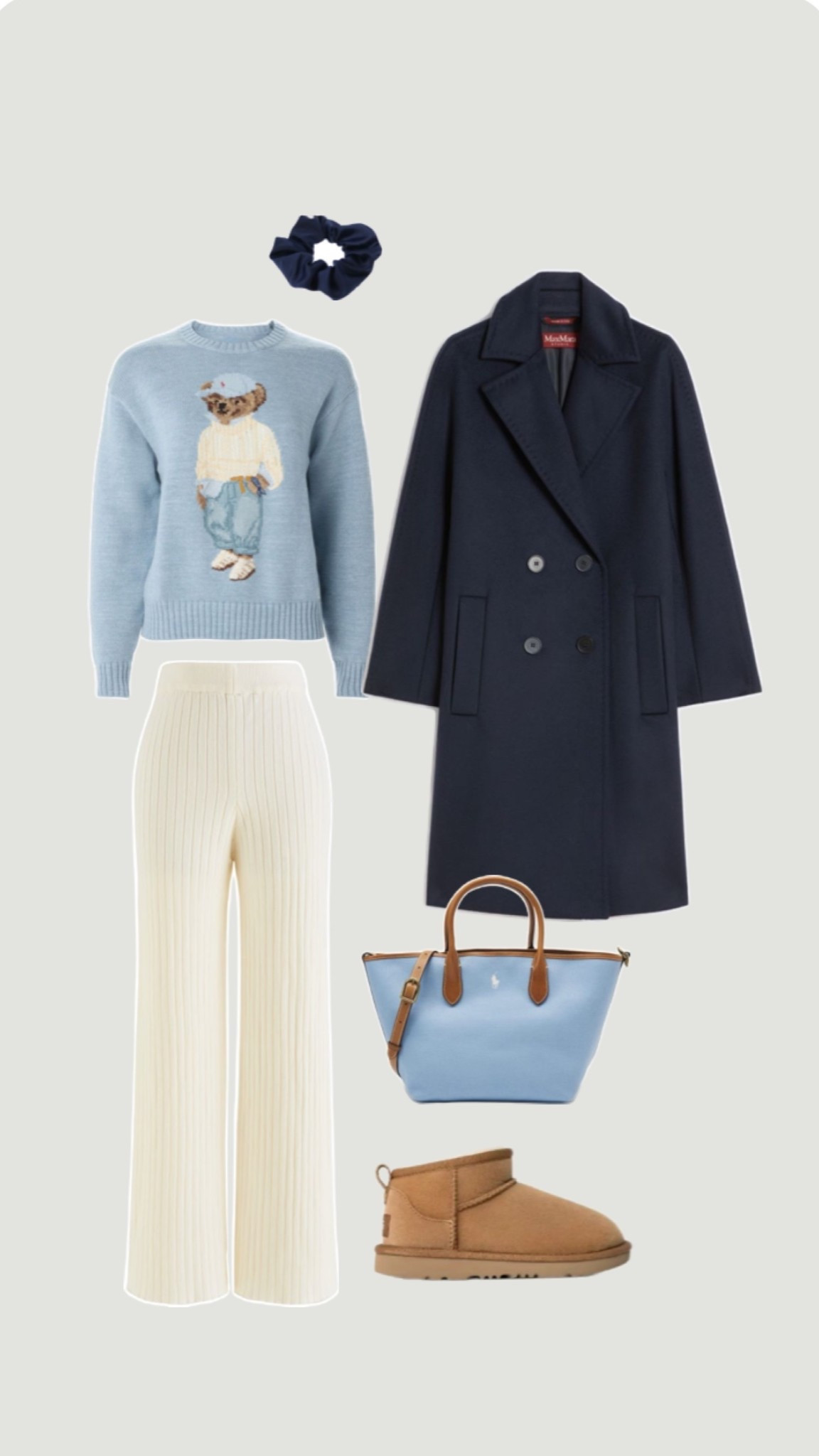 Cozy cute outfit — light blue Polo bear knit sweater, navy coat outfit, cream knit pants, short Ugg boot outfit, winter travel style, airport outfit, travel outfit idea, neutral fashion 

#LTKSeasonal #LTKHoliday