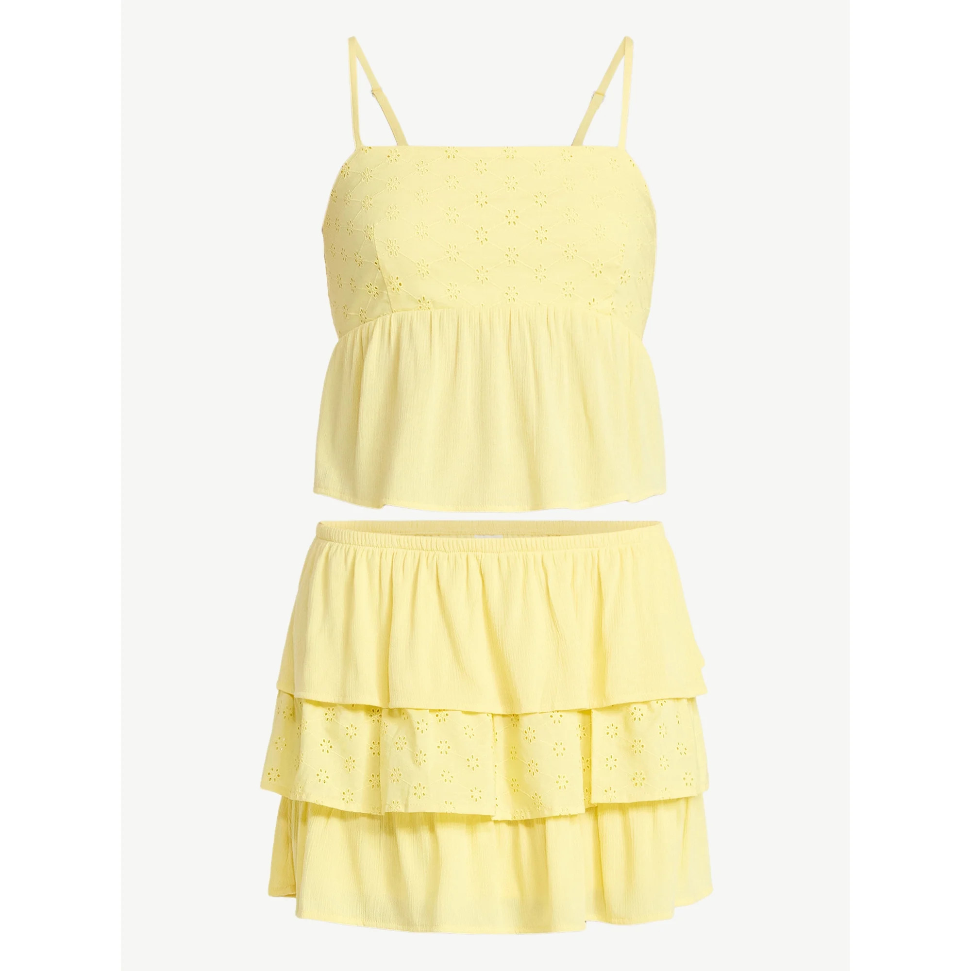 No Boundaries Woven Eyelet Cropped Cami and Mini Skirt Set, 2-Piece, Women's XXS-XXL | Walmart (US)