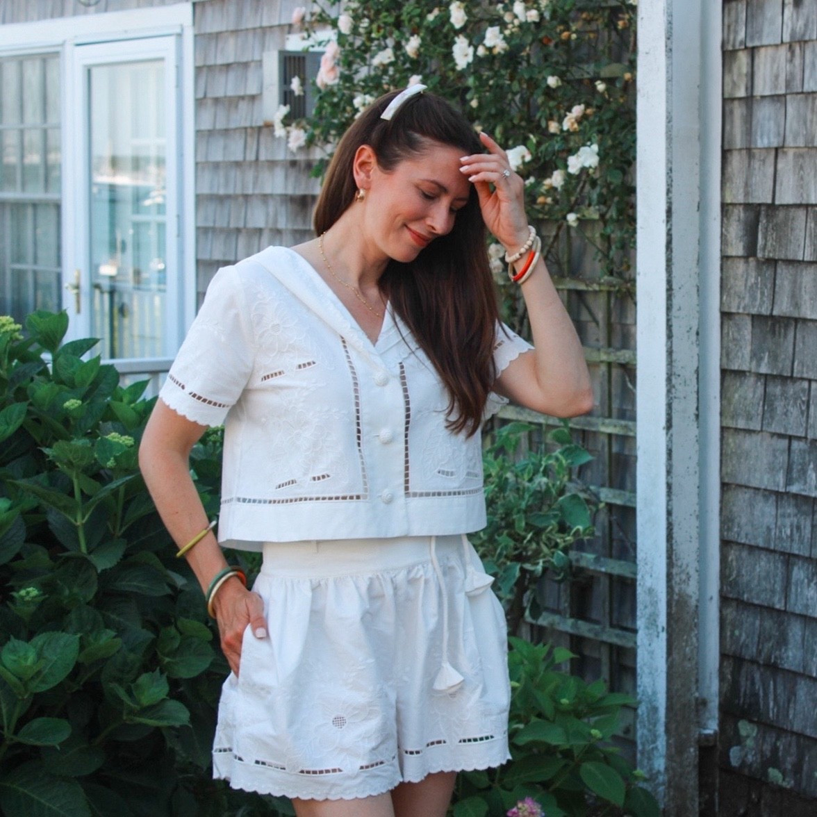 Matching shorts set, summer white, east coast summer, Nantucket vacation 