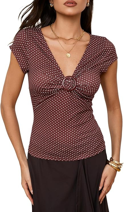 SweatyRocks Women's Polka Dots Twist Front T Shirts Y2k Deep V Neck Cap Sleeve Fitted Date Night ... | Amazon (US)