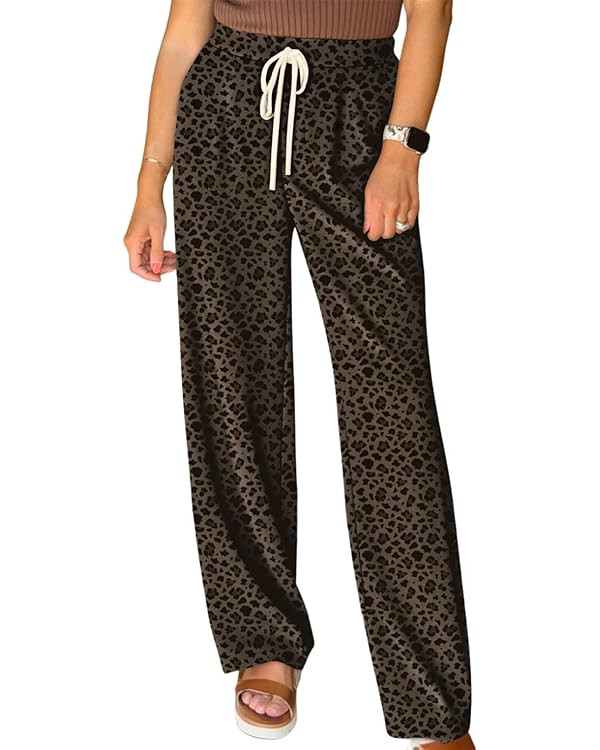 Acelitt Women's Leopard Pants Elastic Waist Casual Loose Wide Leg Lounge Pants with Pockets | Amazon (US)