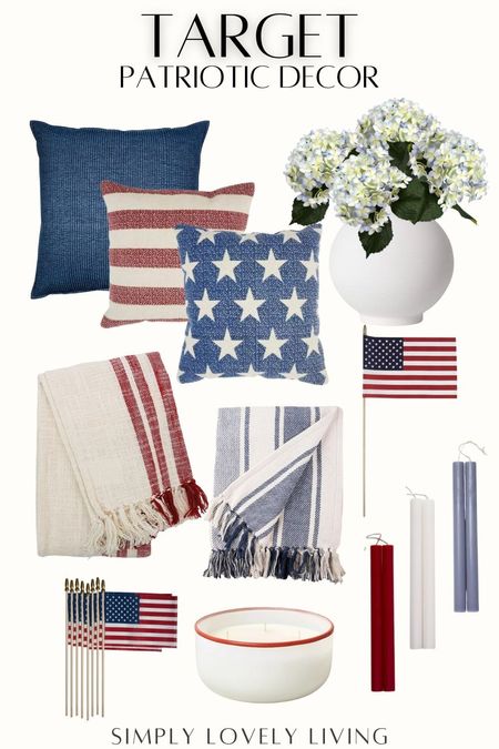 Target Patriotic Decor. Memorial Day decor. 4th of July decor. Summer decor. Red white and blue. Stars and stripes. Faux hydrangeas. White vase. Taper candles. Throw pillows. Throw blankets. American flags. America. #LTKfind

#LTKSeasonal #LTKhome #LTKfindsunder50