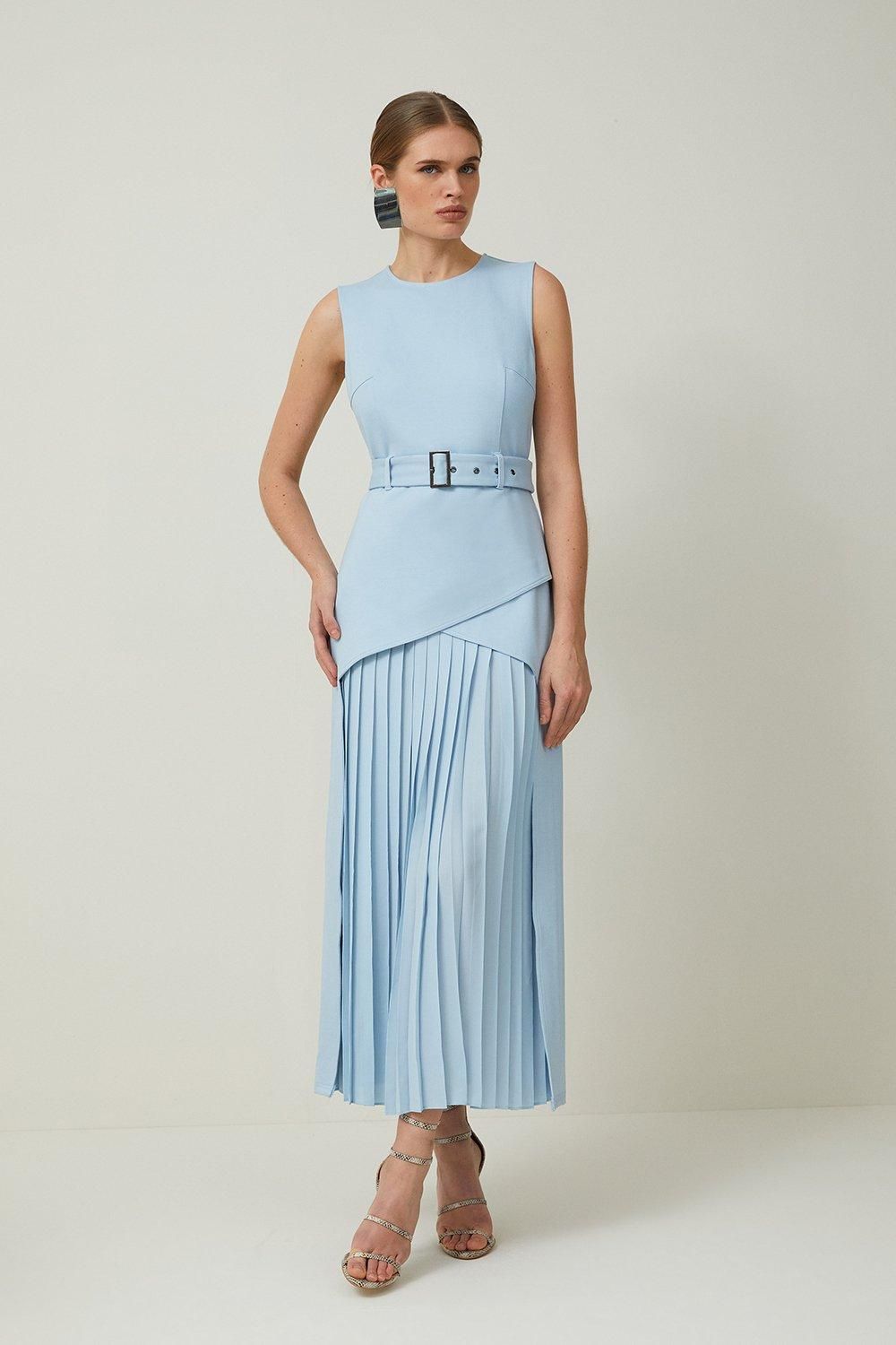 Ponte And Georgette Jersey Pleated Maxi Dress | Karen Millen US