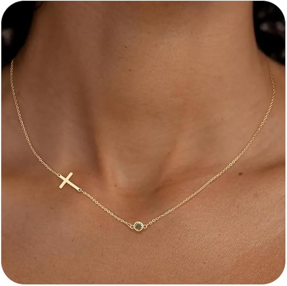MIDEEO Cross Necklace for Women, Dainty 14k Gold Plated Cross Pendant Necklace Gold Cross Birthst... | Amazon (US)