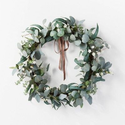 28&#34; Artificial Eucalyptus Leaves and Flower Petal Wreath White - Threshold&#8482; designed wi... | Target
