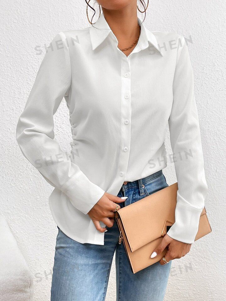 SHEIN Privé Solid Button Front Work Women White Shirt | SHEIN