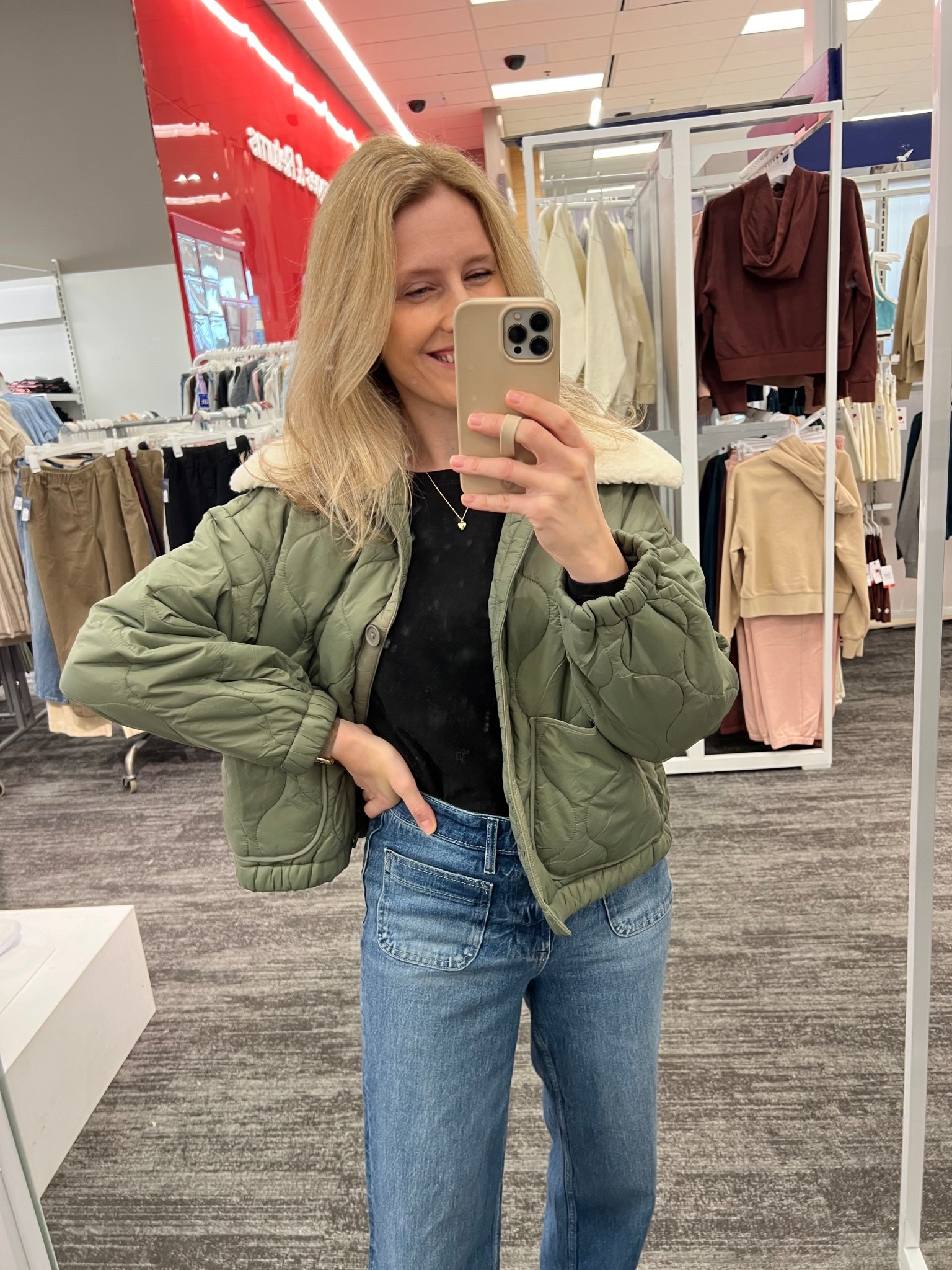 Cute quilted jacket with sherpa collar at Target. True to size medium here. #targetstyle 

#LTKOver40 #LTKFindsUnder50