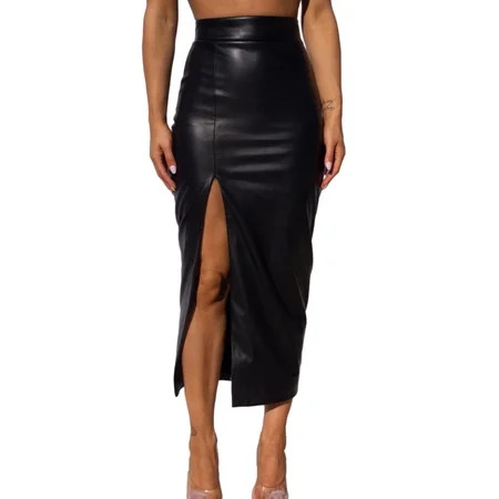 CenturyX Women s High Waist Leather Skirt Solid Color Slit Elegant Midi Skirt | Walmart (US)