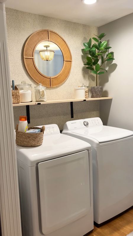 Clean and simple laundry room decor with peel and stick wallpaper, diy shelving, console table, and more! All budget friendly decor pieces as well! 

#LTKunder100 #LTKhome #LTKunder50
