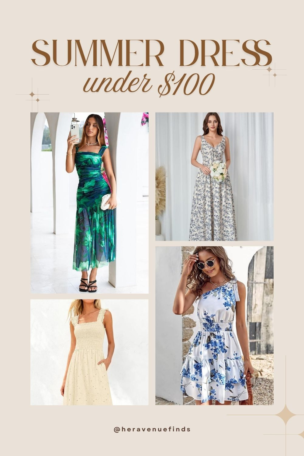 Four summer dresses, all under $100, and each one is doing something a little different so you can actually find the one that fits your summer.
The first is a floor-length cotton eyelet maxi with a smocked waist and back, ruffled shoulder straps, and that kind of boho-romantic look that works just as well at a beach wedding as it does on a cruise deck. The second is an off-the-shoulder floral with a ruched bodice and a long tulle skirt that hits the sweet spot between bodycon silhouette and flowy movement, the kind of dress that photographs incredibly at an outdoor event. The third is a short tiered one-shoulder with a floral print, elastic waist, and ruffle layers, fun, a little flirty, works with sandals or wedges. The fourth is a floral corset milkmaid style with a lace-up back, smocked back panel, flowy A-line hem, and actual side pockets, the one for anyone who wants more structure and a cottagecore feel that could go from garden party to brunch without changing shoes.
One of these might be the dress you've been looking for. 

 