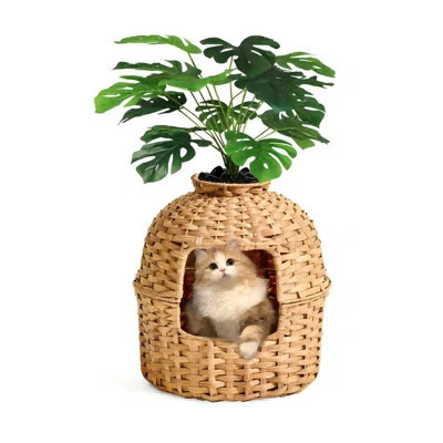 Hidden Handwoven Rattan With Cat Litter Box And Artificial Plants,Natural | Wayfair North America