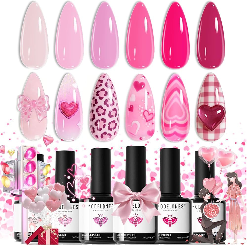 modelones Pink Gel Nail Polish Set- 6 Colors 2026 Valentine's Day Pastel Hot Pink Tones Neon Pink... | Amazon (US)
