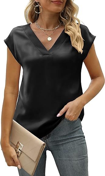 MIROL Women's Cap Sleeve Silk Tops V Neck Satin Blouse Solid Elegant Loose Fit Shirts | Amazon (US)