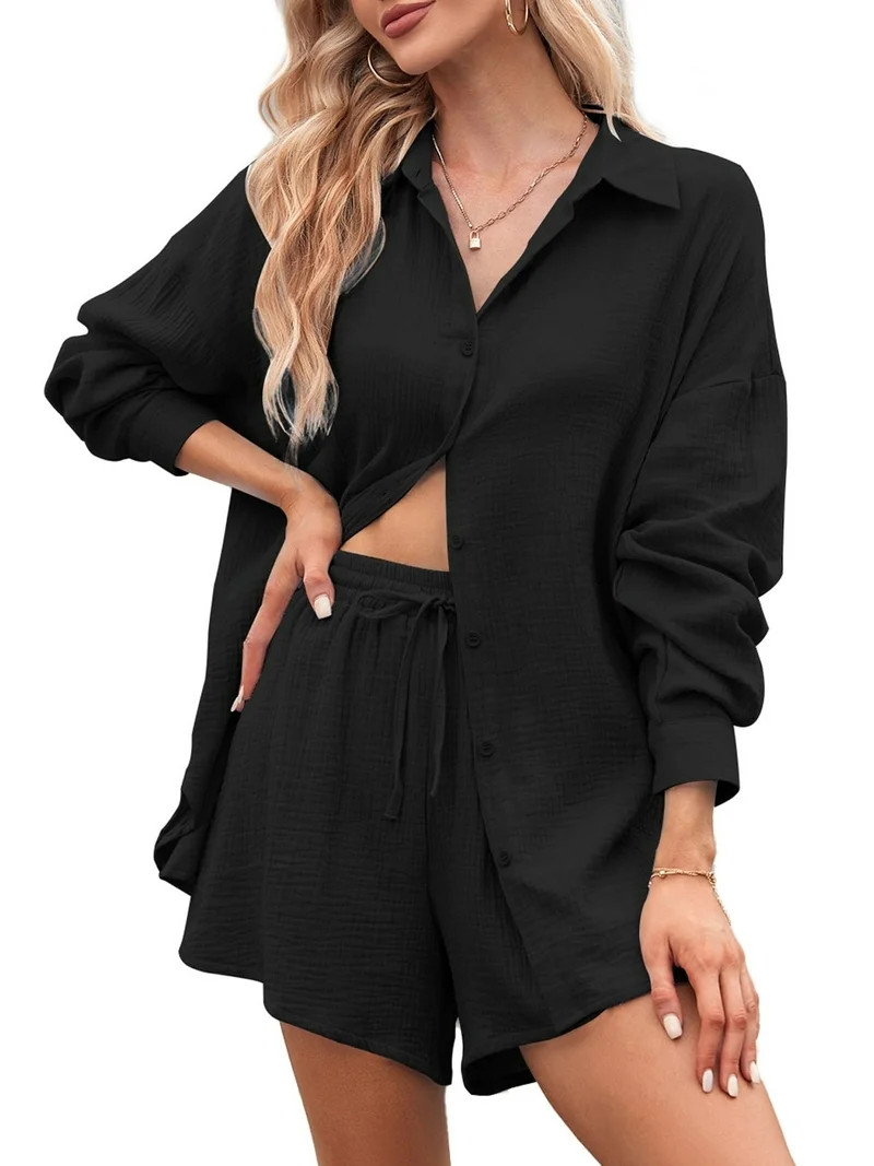 Pink Queen 2 Piece Womens Outfit Sets Button Down Shirts and Shorts Casual Lounge Sets Long Sleev... | Walmart (US)