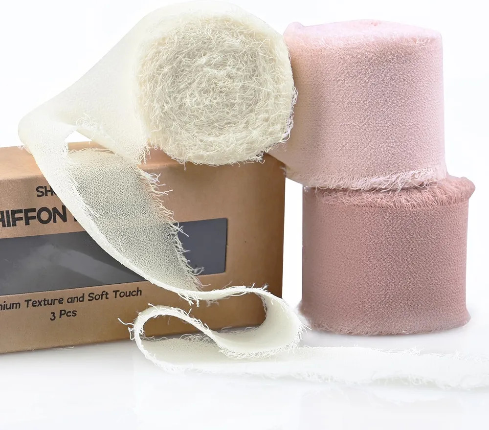 3 Rolls Cream Pink Handmade Fringe Chiffon Ribbon 1.5 Inch x 7 Yard Silk-Like Colorful Rustic Rib... | Amazon (US)