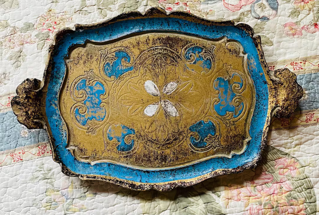 Small Vintage Florentine Turquoise and Gold Wooden Tray, 11 3/4" X 7 3/4" - Etsy | Etsy (US)