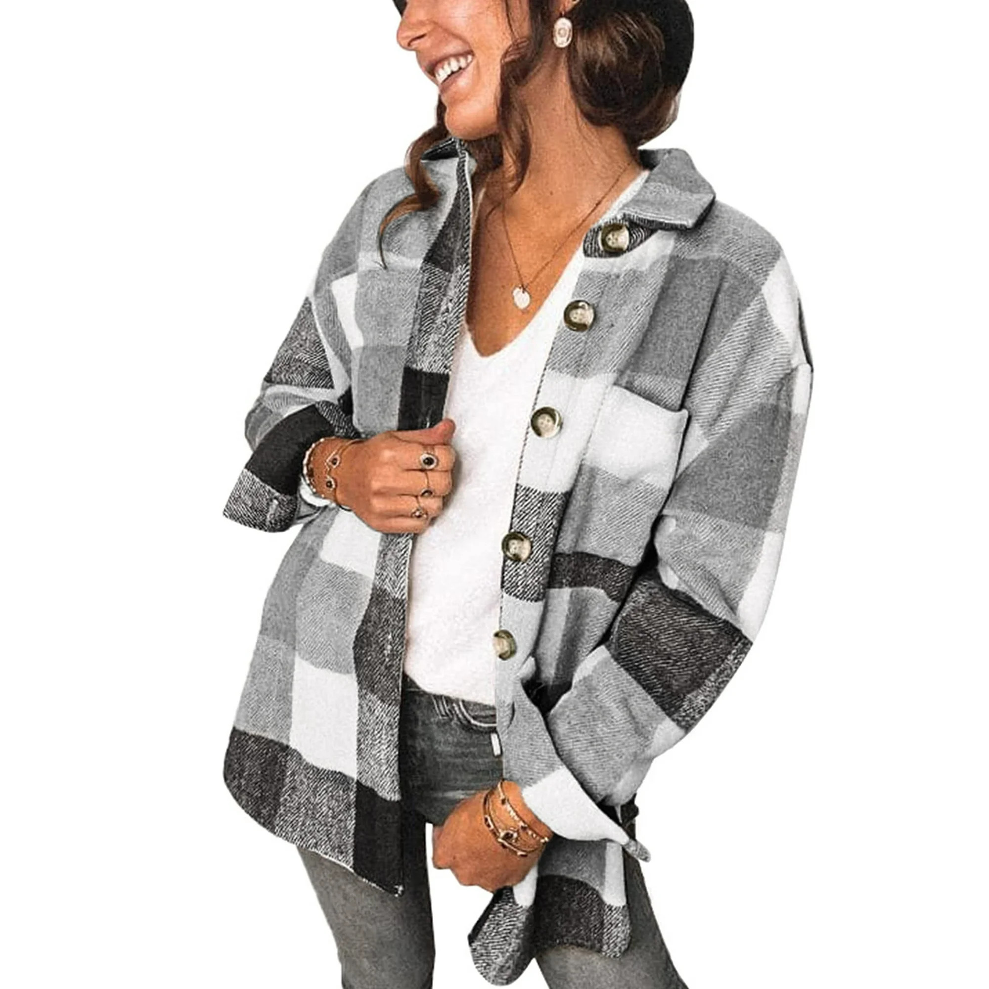 Fantaslook Womens Plaid Shirts Flannel Shacket Jacket Long Sleeve Button Down Boyfriend Shirt Coa... | Walmart (US)