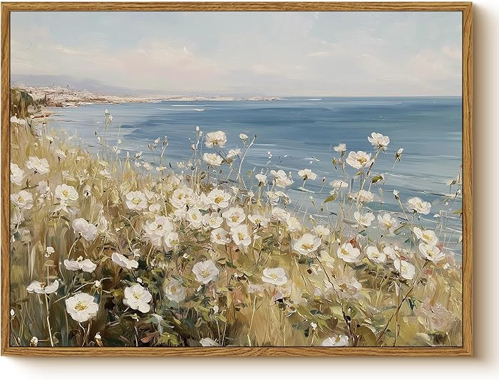 WHASAYART Framed Coastal Landscape Canvas Wall Art, Blue Ocean and Seaside Meadow White Poppy Flo... | Amazon (US)